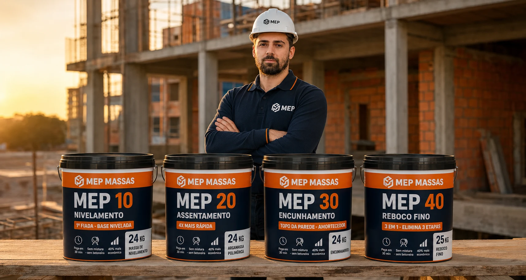 Sistema completo MEP 10, 20, 30 e 40 — nivelamento, assentamento, encunhamento e reboco fino